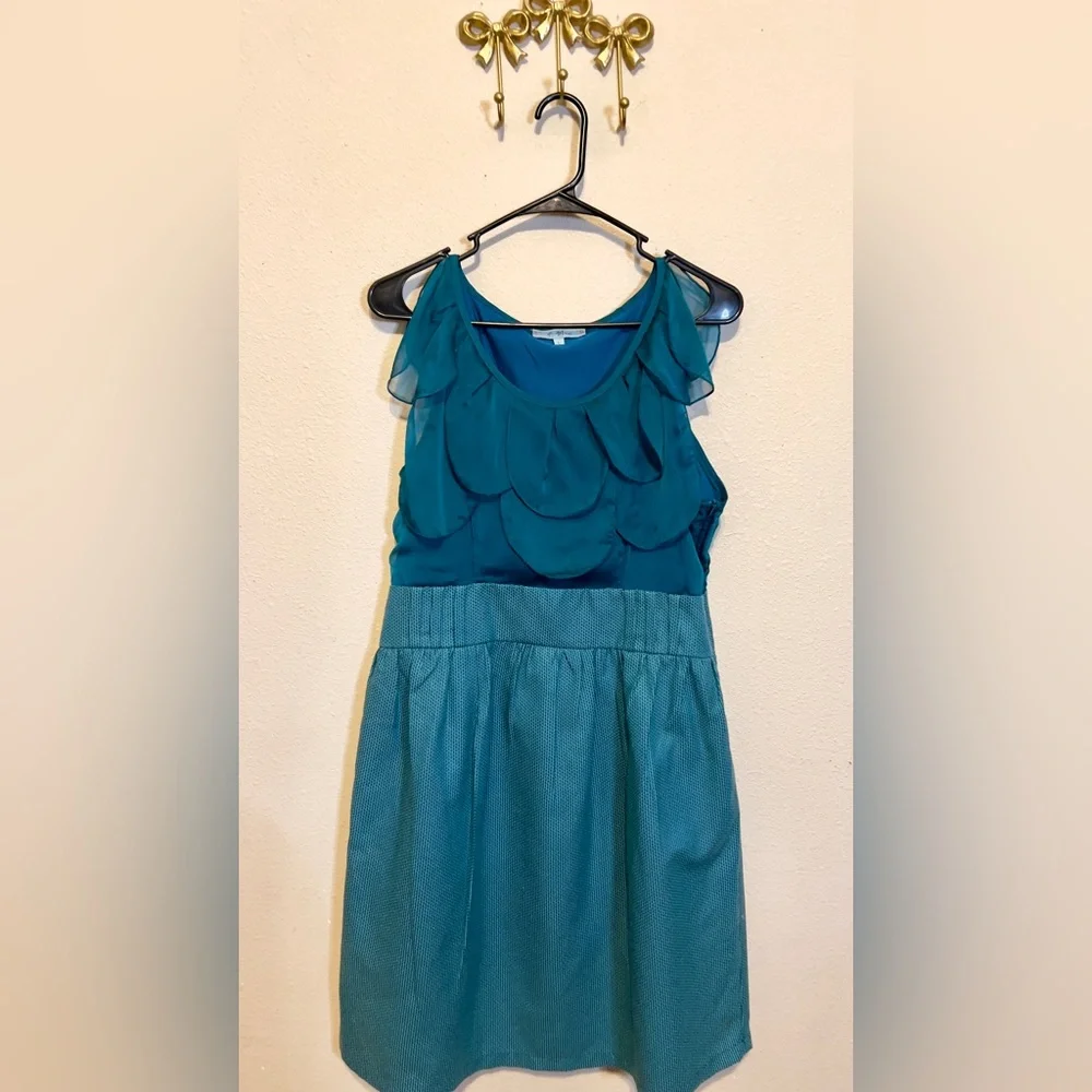 Elegant Teal Midi Dress w/Petal like Collar and Tweed Skirt. Sleeveless. Size L - Picture 1 of 4